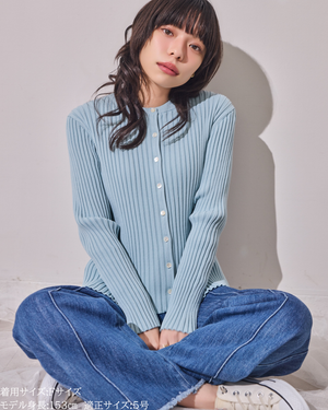 小柄/低身長/アンサンブルニット/リブニット/縦リブ/2wayカーディガン/白蝶貝ボタン/スタイルアップ/華奢見え/体型カバー/春ニット/秋ニット/夏インナー/着回し/147cm/小柄コーデ/低身長コーデ