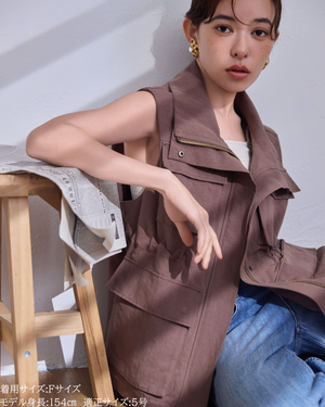 小柄ブランド / 低身長ブランド / 低身長 / 小柄 / リネンサファリベスト / サファリベスト / リネンベスト / 低身長ベスト / 低身長セットアップ / セットアップ / 小柄ベスト / 低身長羽織り