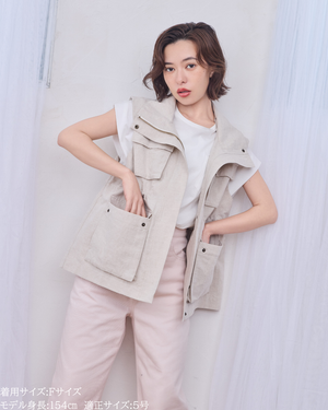 小柄ブランド / 低身長ブランド / 低身長 / 小柄 / リネンサファリベスト / サファリベスト / リネンベスト / 低身長ベスト / 低身長セットアップ / セットアップ / 小柄ベスト / 低身長羽織り