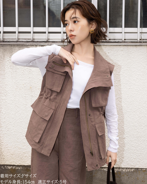 小柄ブランド / 低身長ブランド / 低身長 / 小柄 / リネンサファリベスト / サファリベスト / リネンベスト / 低身長ベスト / 低身長セットアップ / セットアップ / 小柄ベスト / 低身長羽織り