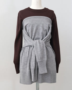 カーデ風ストール付きクルーネックウールニット(セットアップ可能)【846】