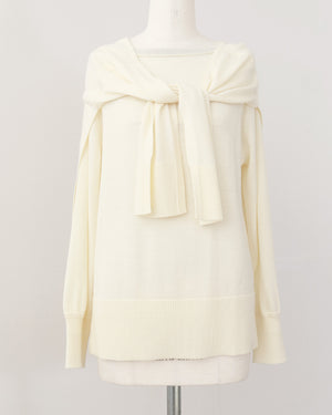 カーデ風ストール付きボートネックウールニット(セットアップ可能)【847】