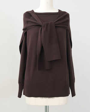 カーデ風ストール付きボートネックウールニット(セットアップ可能)【847】